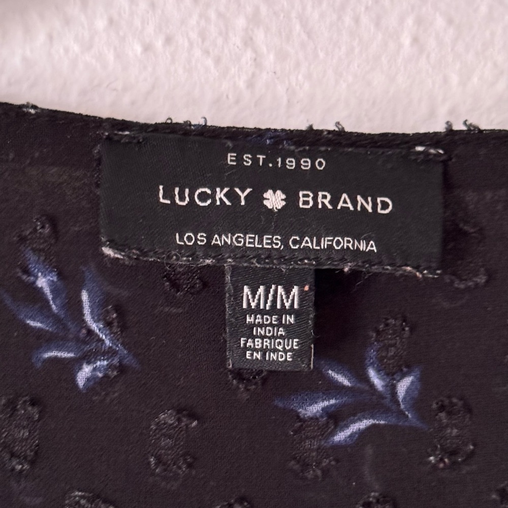 LUCKY BRAND Floral Peplum Sheer Peasant Chiffon Blouse Button Up Black Size M - Picture 15 of 15